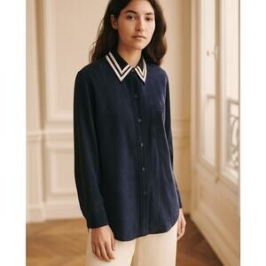 Equipment Navy Silk Long Sleeve  Button Up Top XS